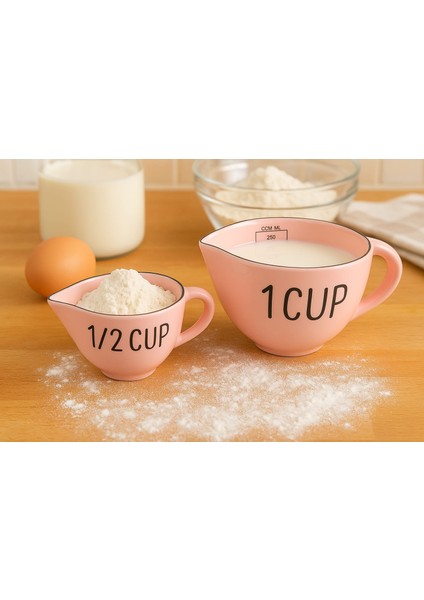 2'li Pembe Seramik Ölçü Bardağı Seti 250/500 ml