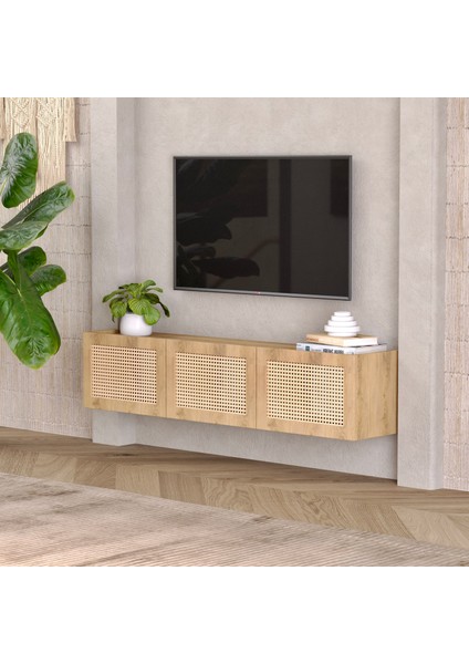 Babil Ceviz Ahşap Rengi Mdf Hazeran Detaylı Rattan 160 cm Tv Ünitesi