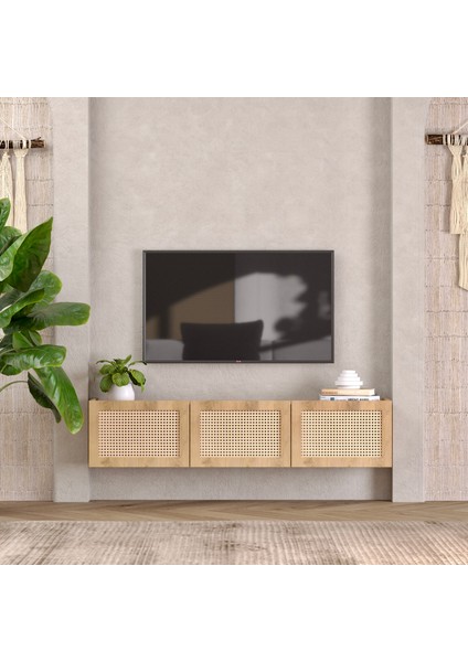 Babil Ceviz Ahşap Rengi Mdf Hazeran Detaylı Rattan 160 cm Tv Ünitesi modelleri