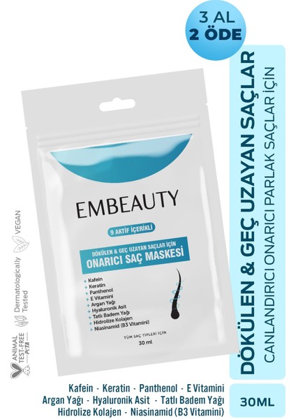 Yoğun Nemlendirici ve Onarıcı Saç Maskesi – 9 Aktif Bileşen, Kafein, Keratin, Argan Yağı, Yıpranmış ve Dökülen Saçlar, 30 ml