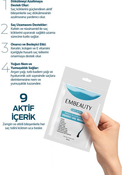 Yoğun Nemlendirici ve Onarıcı Saç Maskesi – 9 Aktif Bileşen, Kafein, Keratin, Argan Yağı, Yıpranmış ve Dökülen Saçlar, 30 ml
