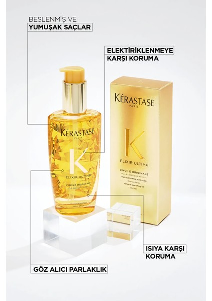 Elixir Ultime L'Huile Originale Argan Yağlı Isıya Dayanıklı Parlaklık Veren Saç Bakım Yağı 100 ml – Tüm Saç Tiplerine Uygun