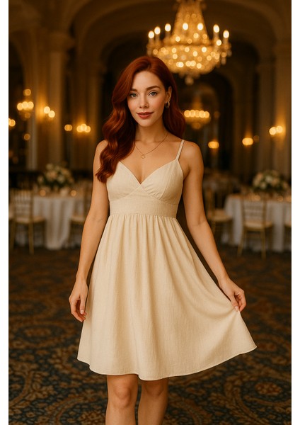 Kadın Yazlık Kısa Askılı Rahat Helen Keten Elbise