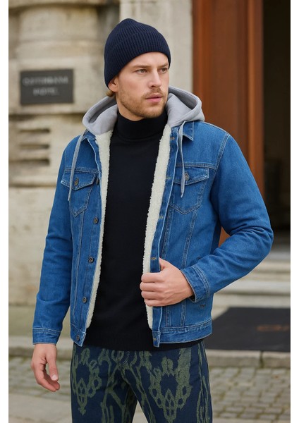 Erkek Kürklü Kışlık Bol Mavi Kapşonlu Kot Ceket