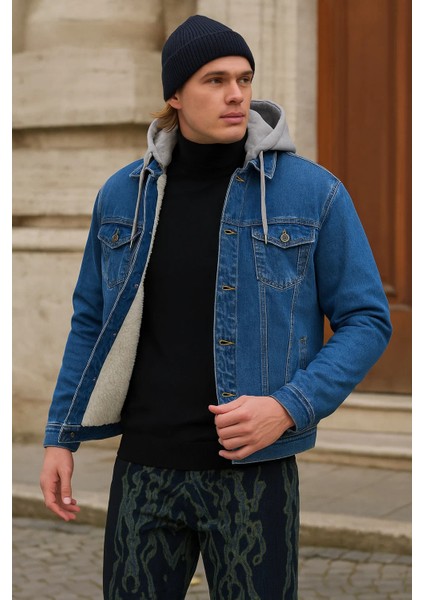 Erkek Kürklü Kışlık Bol Mavi Kapşonlu Kot Ceket fiyatları