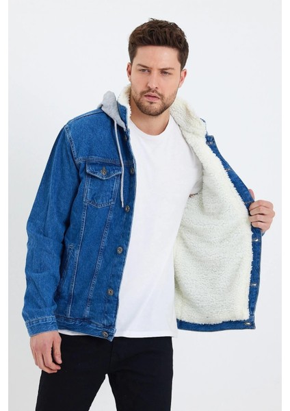 Erkek Kürklü Kışlık Bol Mavi Kapşonlu Kot Ceket fırsatları