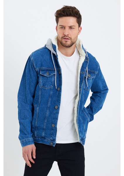 Erkek Kürklü Kışlık Bol Mavi Kapşonlu Kot Ceket indirimleri
