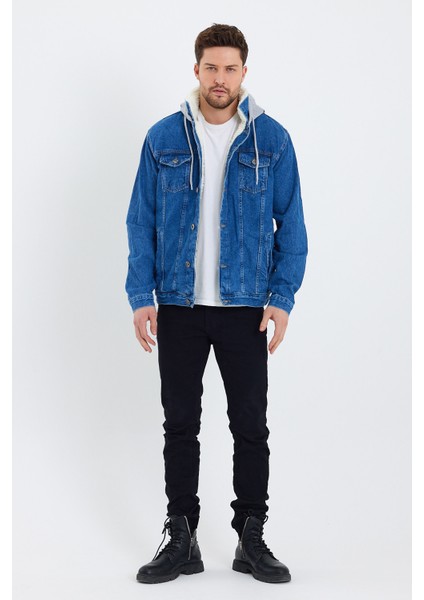 Erkek Kürklü Kışlık Bol Mavi Kapşonlu Kot Ceket