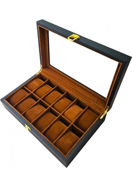 Camlı Ithal 12 Li Ahşap Büyük Boy Takı, Seyahat ve Saat Çantası,kutusu Siyah (20X30 cm )
