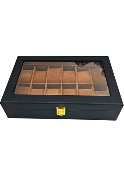 Camlı Ithal 12 Li Ahşap Büyük Boy Takı, Seyahat ve Saat Çantası,kutusu Siyah (20X30 cm ) fırsatları