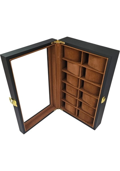 Camlı Ithal 12 Li Ahşap Büyük Boy Takı, Seyahat ve Saat Çantası,kutusu Siyah (20X30 cm ) indirimleri