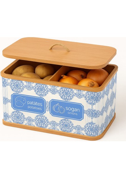 2 Bölmeli Patates Soğanlık - Bambu - Dikdörtgen Mavi Desen