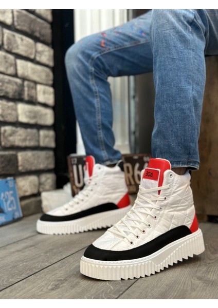 Bağcıklı Paraşüt Kumaş Kırmızı Detaylı Erkek Spor Bot Beyaz (Beyaz Taban) fiyatları