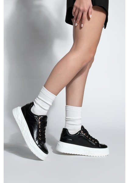Kadın Sneaker Kalın Desenli Taban Bağcıklı Spor Ayakkabı Bekor Siyah fırsatları