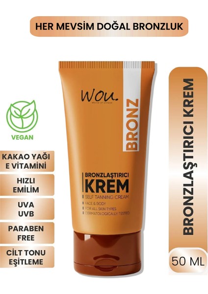 SPF 50+ Bronzlaştırıcı Güneş Kremi 50 ml – Yüz ve Vücut İçin Anında Bronzluk ve Yoğun Nemlendirme