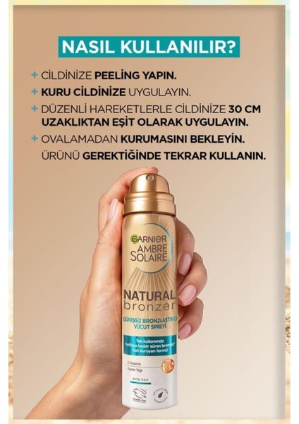 Natural Bronzer Güneşsiz Bronzlaştırıcı Sprey 150 ml – Işıltılı Doğal Bronzluk ve Hızlı Kuruyan Hafif Formül indirimleri