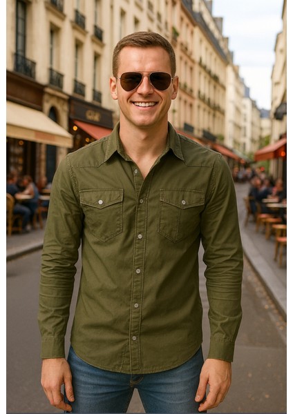 Haki Özel Yıpranmaz Kumaş Erkek Kot Gömlek