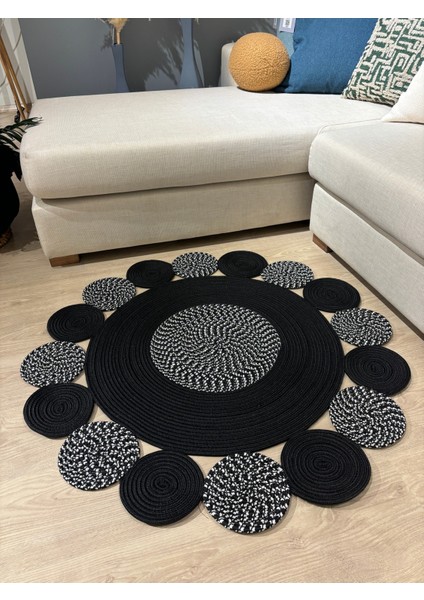 Bej Jüt Hasırlı El Örgüsü Kilim Halı Hasır Yuvarlak