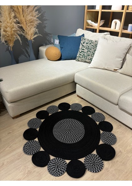 Bej Jüt Hasırlı El Örgüsü Kilim Halı Hasır Yuvarlak