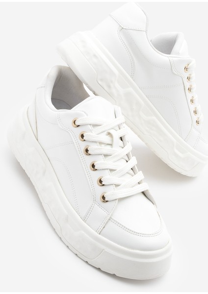 Kadın Sneaker Kalın Desenli Taban Bağcıklı Spor Ayakkabı Bekor Beyaz