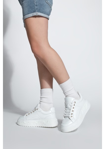 Kadın Sneaker Kalın Desenli Taban Bağcıklı Spor Ayakkabı Bekor Beyaz