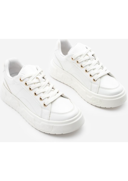 Kadın Sneaker Kalın Desenli Taban Bağcıklı Spor Ayakkabı Bekor Beyaz