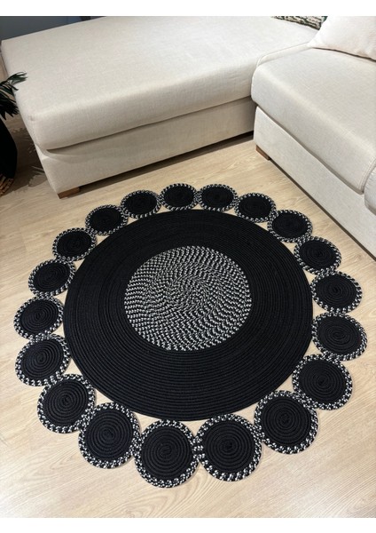 Siyah Jüt Hasırlı El Örgüsü Kilim Halı Hasır Yuvarlak
