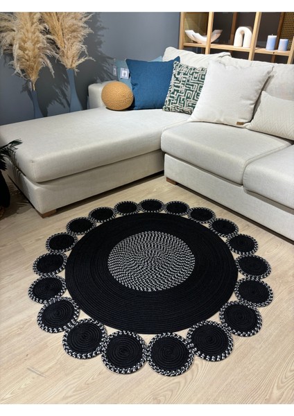 Siyah Jüt Hasırlı El Örgüsü Kilim Halı Hasır Yuvarlak indirimleri