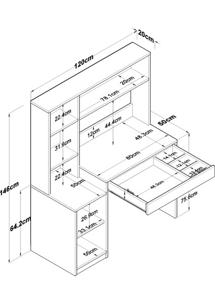 HA126 Kitaplıklı 4 Raflı Kapaklı Çekmeceli Çalışma Ofis Bilgisayar Masası Sepet Ceviz - Beyaz fiyatları