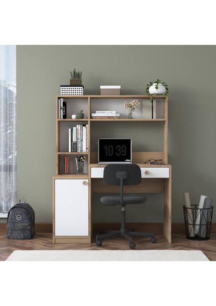 HA126 Kitaplıklı 4 Raflı Kapaklı Çekmeceli Çalışma Ofis Bilgisayar Masası Sepet Ceviz - Beyaz modelleri