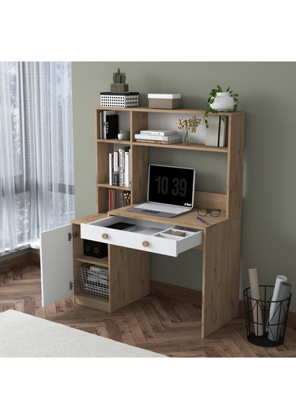 HA126 Kitaplıklı 4 Raflı Kapaklı Çekmeceli Çalışma Ofis Bilgisayar Masası Sepet Ceviz - Beyaz fırsatları