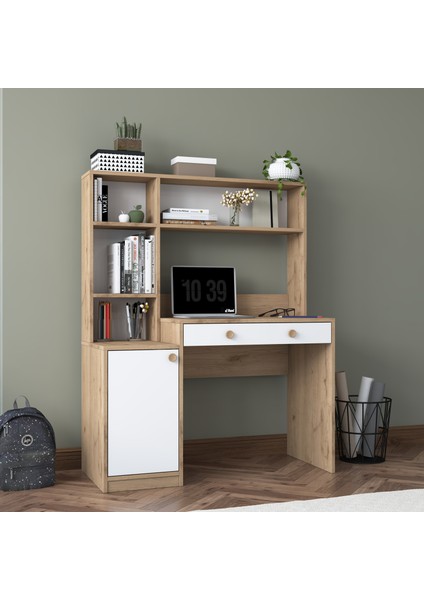 HA126 Kitaplıklı 4 Raflı Kapaklı Çekmeceli Çalışma Ofis Bilgisayar Masası Sepet Ceviz - Beyaz indirimleri