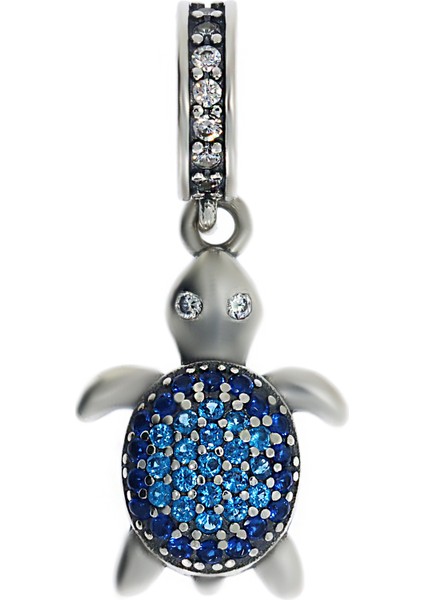 Kadın Mavi Taşlı Sallantılı Kaplumbağa Model Gümüş Charm