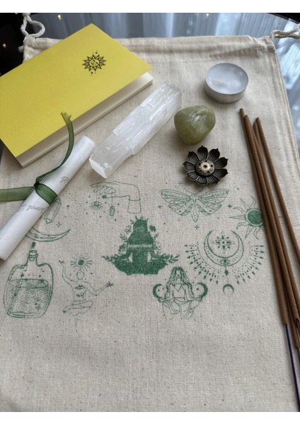 Şifa & Iyileşme Ritüel Seti | Akuamarin & Selenit Taşı, Adaçayı Tütsü, Meditasyon Koleksiyon Çantası