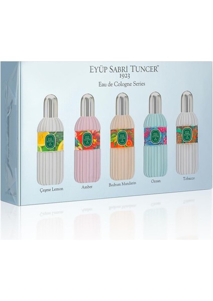 Bodrum Mandalinası, Çeşme Limonu, Amber, Okyanus ve Tütün Kokulu 5×16 ml Kolonya Seti – No:1 Silindir Cam Şişe, Hediyelik modelleri