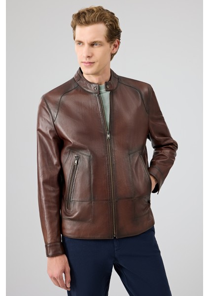 King Erkek Kahverengi Hakim Yaka Deri Ceket 25WGE6580NC