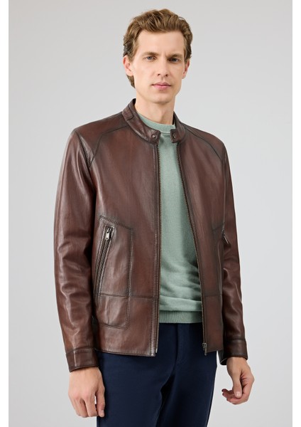 King Erkek Kahverengi Hakim Yaka Deri Ceket 25WGE6580NC modelleri