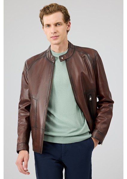 King Erkek Kahverengi Hakim Yaka Deri Ceket 25WGE6580NC fırsatları