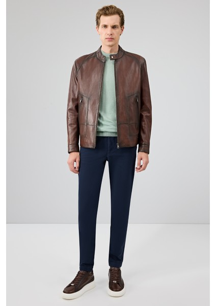 King Erkek Kahverengi Hakim Yaka Deri Ceket 25WGE6580NC