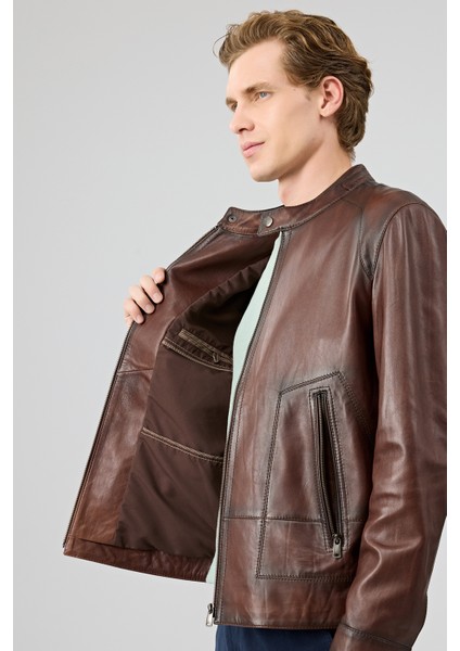 King Erkek Kahverengi Hakim Yaka Deri Ceket 25WGE6580NC