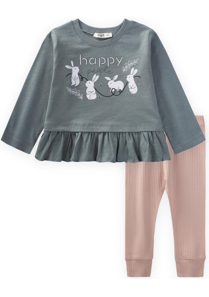 Tavşan Baskılı Eteği Fırfırlı Taytlı Takım 1-6 Yaş Çağla Yeşil