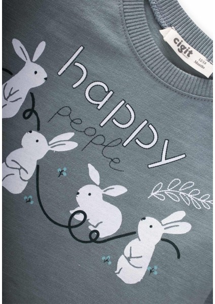 Tavşan Baskılı Eteği Fırfırlı Taytlı Takım 1-6 Yaş Çağla Yeşil modelleri