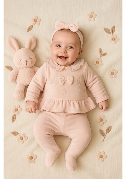 Premium Kız Bebek ;yaka ve Etek Ucu Tül Fırfırlı Fiyonk ve Işleme Detaylı Kadife 2'li Takım