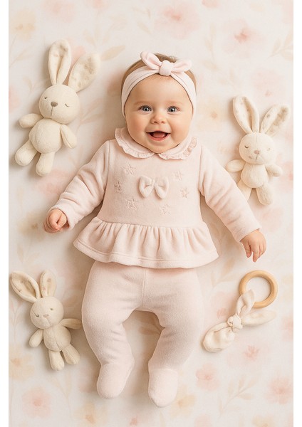 Premium Kız Bebek ;yaka ve Etek Ucu Tül Fırfırlı Fiyonk ve Işleme Detaylı Kadife 2'li Takım modelleri