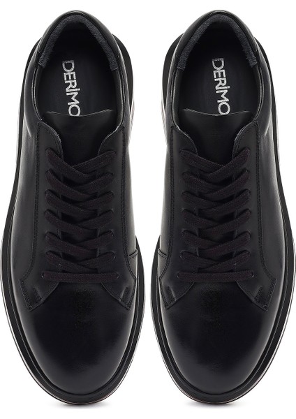 Erkek Siyah Bağcıklı Kalın Tabanlı Deri Sneaker 25WFD631018