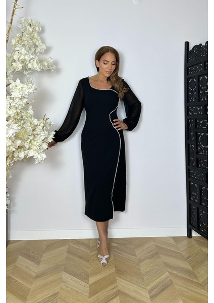 G1547 Taş Detaylı Şifon Kol Elbise Siyah