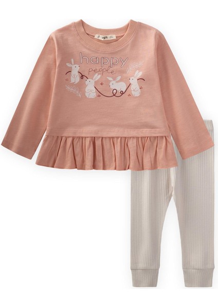 Tavşan Baskılı Eteği Fırfırlı Taytlı Takım 1-6 Yaş Yavruağzı