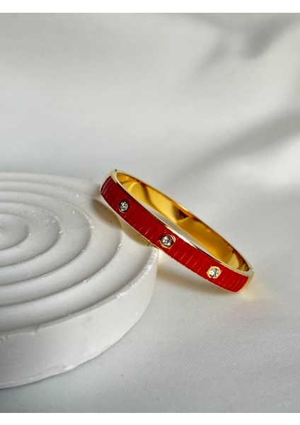 Mineli Çelik Bileklik Kırmızı Sedefli Altın Renk Renk Kelepçe Bileklik Sevgiliye Hediye Kutulu