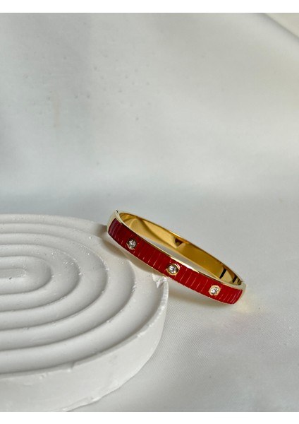 Mineli Çelik Bileklik Kırmızı Sedefli Altın Renk Renk Kelepçe Bileklik Sevgiliye Hediye Kutulu
