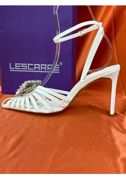 LES013 Beyaz Önü Çiçek Taş Işlemeli Abiye Ayakkabı Stiletto